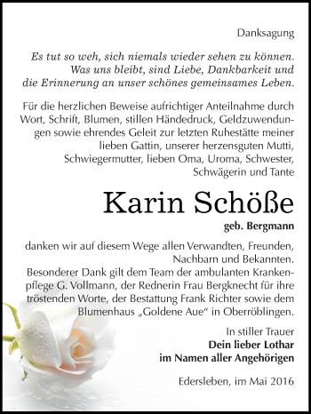 Traueranzeige von Karin Schöße von Super Sonntag SGH Mansf. Land