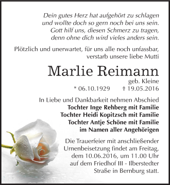 Traueranzeige von Marlie Reimann von Mitteldeutsche Zeitung Bernburg