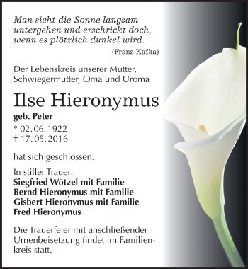 Traueranzeige von Ilse Hieronymus von Mitteldeutsche Zeitung Bitterfeld