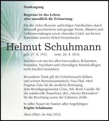 Traueranzeige von Helmut Schuhmann von WVG - Wochenspiegel Dessau / Köthen