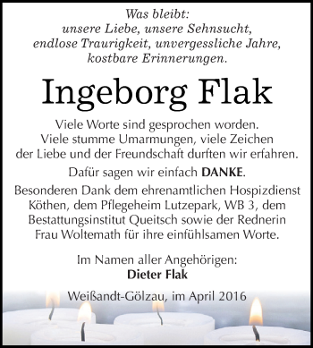 Traueranzeige von Ingeborg Flak von WVG - Wochenspiegel Dessau / Köthen