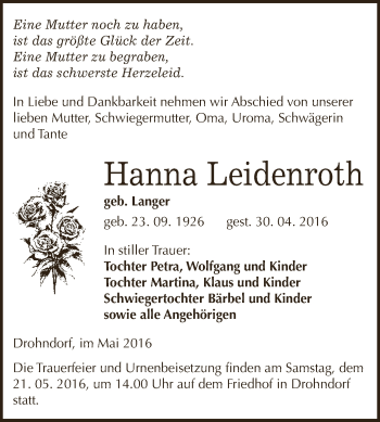 Traueranzeige von Hanna Leidenroth von Super Sonntag Aschersleben