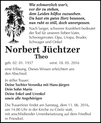 Traueranzeige von Norbert Jüchtzer von WVG - Wochenspiegel Dessau / Köthen