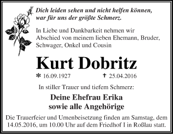 Traueranzeige von Kurt Dobritz von WVG - Wochenspiegel Dessau / Köthen
