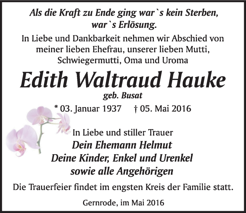  Traueranzeige für Edith Waltraud Hauke vom 14.05.2016 aus Mitteldeutsche Zeitung Quedlinburg