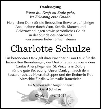 Traueranzeige von Charlotte Schulze von Mitteldeutsche Zeitung Bitterfeld