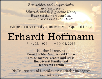 Traueranzeige von Erhardt Hoffmann von WVG - Wochenspiegel Dessau / Köthen