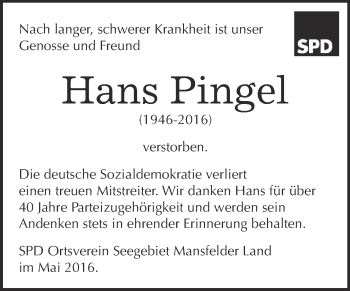 Traueranzeige von Hans Pingel von Wochenspiegel Mansfelder Land