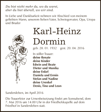 Traueranzeige von Karl-Heinz Dormin von Wochenspiegel Mansfelder Land