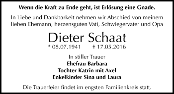 Traueranzeige von Dieter Schaat von Mitteldeutsche Zeitung Dessau-Roßlau