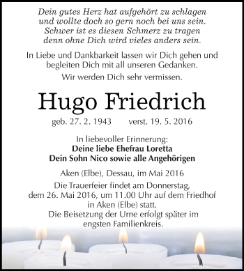 Traueranzeige von Hugo Friedrich von WVG - Wochenspiegel Dessau / Köthen
