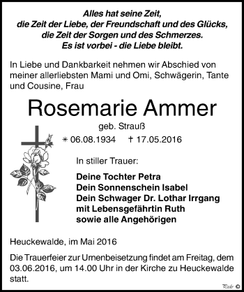 Traueranzeige von Rosemarie Ammer von Mitteldeutsche Zeitung Zeitz