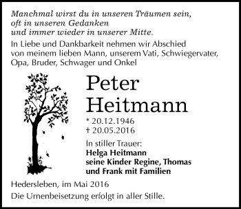 Traueranzeige von Peter Heitmann von Mitteldeutsche Zeitung Quedlinburg