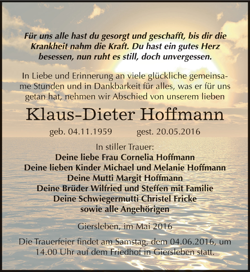  Traueranzeige für Klaus-Dieter Hoffmann vom 28.05.2016 aus Mitteldeutsche Zeitung Aschersleben