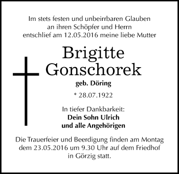 Traueranzeige von Brigitte Gonschorek von Mitteldeutsche Zeitung Köthen