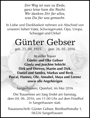 Traueranzeige von Günter Gebser von Mitteldeutsche Zeitung Sangerhausen
