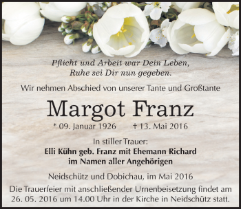 Traueranzeige von Margot Franz von Mitteldeutsche Zeitung Naumburg/Nebra