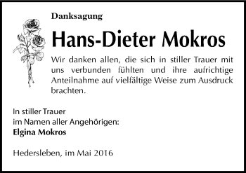 Traueranzeige von Hans-Dieter Mokros von Mitteldeutsche Zeitung Quedlinburg