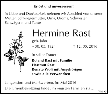 Traueranzeige von Hermine Rast von Mitteldeutsche Zeitung Weißenfels