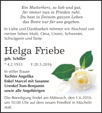 Traueranzeige von Helga Friebe von Super Sonntag Merseburg