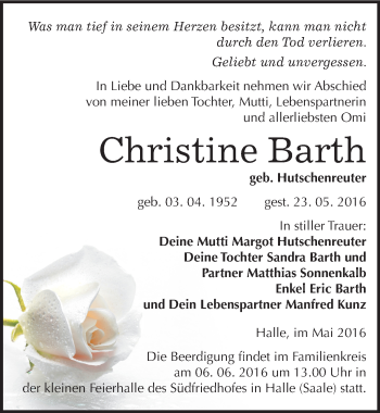 Traueranzeige von Christine Barth von Mitteldeutsche Zeitung Halle/Saalkreis