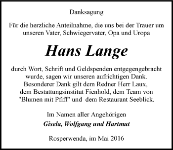 Traueranzeige von Hans Lange von Mitteldeutsche Zeitung Sangerhausen