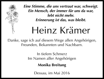 Traueranzeige von Heinz Krämer von Mitteldeutsche Zeitung Dessau-Roßlau
