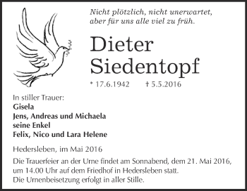Traueranzeige von Dieter Siedentopf von WVG - Wochenspiegel Quedlinburg