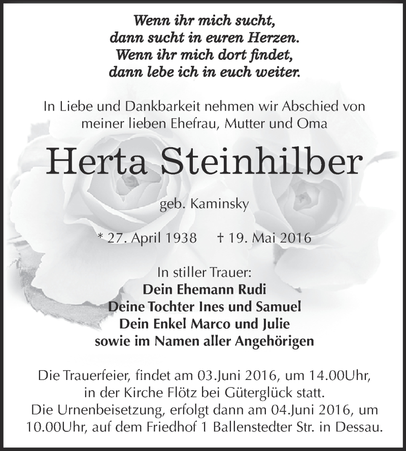  Traueranzeige für Herta  Steinhilber vom 28.05.2016 aus WVG - Wochenspiegel Dessau / Köthen