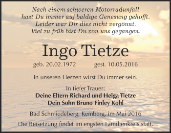 Traueranzeige von Ingo Tietze von WVG - Wochenspiegel Wittenberg