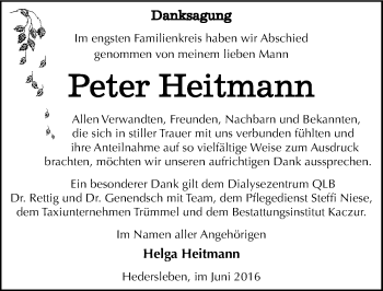Traueranzeige von Peter Heitmann von Mitteldeutsche Zeitung Quedlinburg