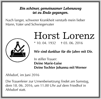 Traueranzeige von Horst Lorenz von Mitteldeutsche Zeitung Mansfelder Land