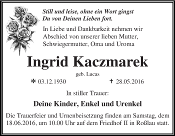 Traueranzeige von Ingrid Kaczmarek von WVG - Wochenspiegel Dessau / Köthen