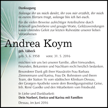 Traueranzeige von Andrea Koym von WVG - Wochenspiegel Dessau / Köthen