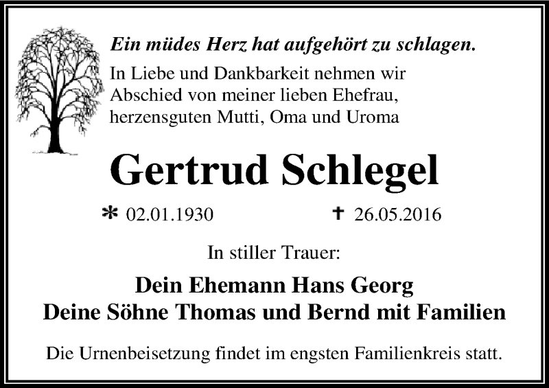  Traueranzeige für Gertrud Schlegel vom 04.06.2016 aus Mitteldeutsche Zeitung Dessau-Roßlau
