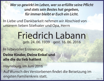 Traueranzeige von Friedrich Labann von Super Sonntag Zeitz