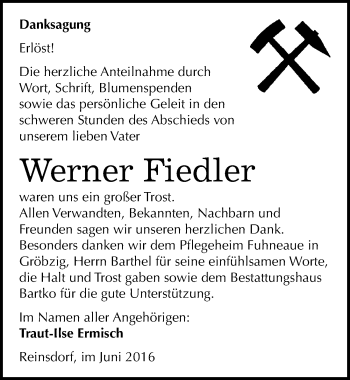 Traueranzeige von Werner Fiedler von Mitteldeutsche Zeitung Köthen