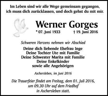 Traueranzeige von Werner Gorges von WVG - Wochenspiegel Quedlinburg