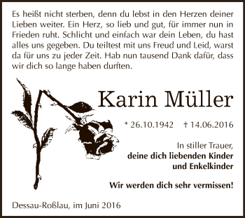 Traueranzeige von Karin Müller von WVG - Wochenspiegel Dessau / Köthen
