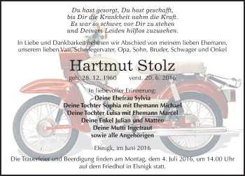 Traueranzeige von Hartmut Stolz von Mitteldeutsche Zeitung Köthen