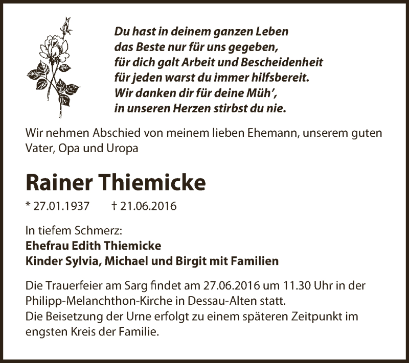  Traueranzeige für Rainer Thiemicke vom 25.06.2016 aus WVG - Wochenspiegel Dessau / Köthen