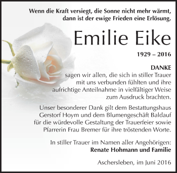 Traueranzeige von Emilie Eike von Mitteldeutsche Zeitung Aschersleben
