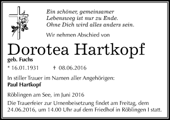 Traueranzeige von Dorotea Hartkopf von Mitteldeutsche Zeitung Mansfelder Land