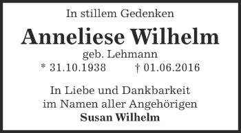 Traueranzeige von Anneliese Wilhelm von Super Sonntag Bernburg