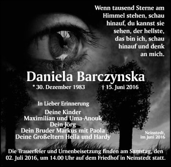 Traueranzeige von Daniela Barcynska von Mitteldeutsche Zeitung Quedlinburg