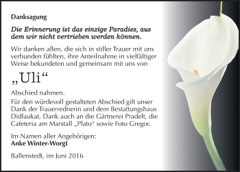 Traueranzeige von Uli  von Mitteldeutsche Zeitung Quedlinburg