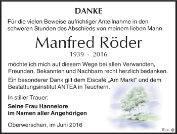 Traueranzeige von Manfred Röder von Mitteldeutsche Zeitung Weißenfels