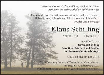 Traueranzeige von Klaus Schilling von Mitteldeutsche Zeitung Sangerhausen