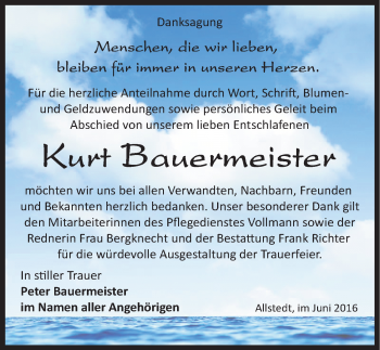 Traueranzeige von Kurt Bauermeister von Mitteldeutsche Zeitung Sangerhausen
