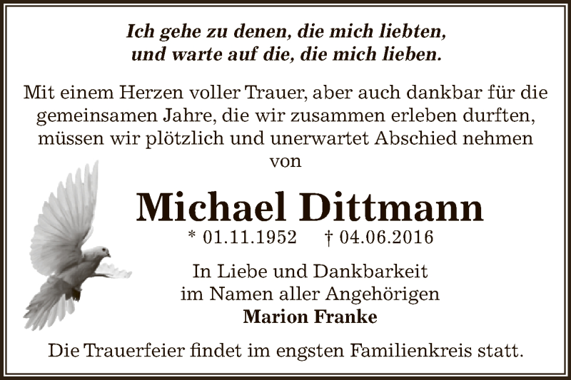  Traueranzeige für Michael Dittmann vom 18.06.2016 aus WVG - Wochenspiegel Dessau / Köthen
